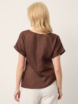 100% Linen Asymmetric Hem Side Gathered Split-Neck Top MINERVA