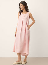 100% Linen Asymmetric Pleat A-Line Maxi Dress KARINA