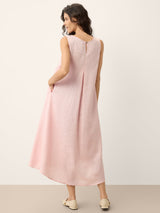 100% Linen Asymmetric Pleat A-Line Maxi Dress KARINA