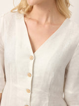 100% Linen Button-Front Lantern Sleeve Elasticated Waist Midi Dress LINNEA