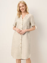100% Linen Button-Front Tie Cuff V-Neck Shirt Dress HONORIA