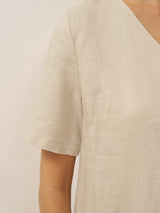 100% Linen Button Front V-Neck Midi Dress NOA