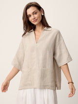 100% Linen Camp-Collar Patch-Pocket Top BRENNA
