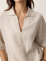 100% Linen Camp-Collar Patch-Pocket Top BRENNA