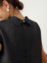 100% Linen Cap Sleeve Soft-Fold Collar Top YVONNE