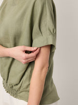 100% Linen Drop Shoulder Split-Back Double Shirred Hem Top LINDSEY