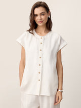 100% Linen Frayed-Trim Drop-Shoulder Top INDIRA