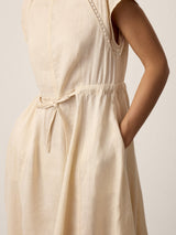 100% Linen Lace-Inset Bubble-Hem Midi Dress LORITA