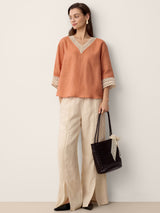 100% Linen Lace-Panel Split-Hem Pants BRONTE