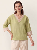 100% Linen Lace-Trim V-Neck Top KEELY