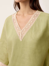 100% Linen Lace-Trim V-Neck Top KEELY
