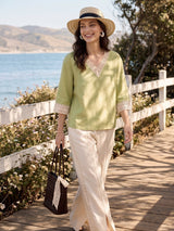 100% Linen Lace-Trim V-Neck Top KEELY