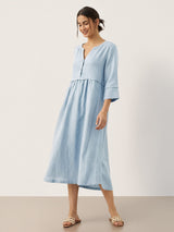 100% Linen Loose Fit Button Waist Gathered Maxi Dress LUNA