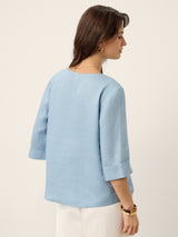 100% Linen Split Neck Inverted Pleat Top TABITHA