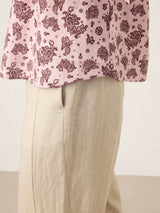 Linen Paisley Pintucked Ruffle-Cuff Curved Hem Blouse ILARIA