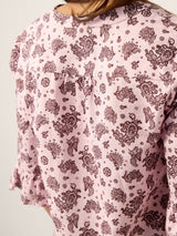 Linen Paisley Pintucked Ruffle-Cuff Curved Hem Blouse ILARIA