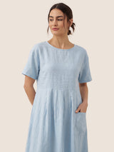 100% Linen Pinstripe Paneled Short-Sleeved Dress MORGAN