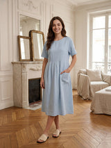 100% Linen Pinstripe Paneled Short-Sleeved Dress MORGAN
