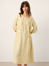 100% Linen Pintucked Embroidered Adjustable Belt Tiered Maxi Dres VERENA