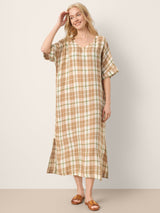 100% Linen Plaid Deep V-Neck Drop Shoulder Side Slit Maxi Dress LESLIE