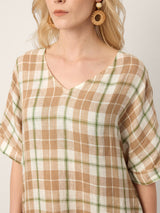 100% Linen Plaid Deep V-Neck Drop Shoulder Side Slit Maxi Dress LESLIE