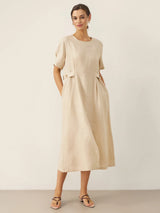 100% Linen Round Neck Button-Tie Maxi Dress XANDRA