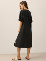100% Linen Round Neck Button Detail Midi Dress JELENA