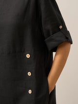 100% Linen Round Neck Button Detail Midi Dress JELENA