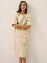 100% Linen Round Neck Button Detail Midi Dress JELENA