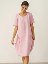 100% Linen Round Neck Patch Pocket Midi Dress XENA