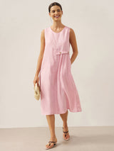 100% Linen Sleeveless Accordion Pleat Midi Dress TINA