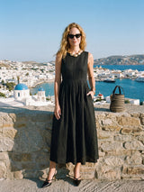 100% Linen Sleeveless Crew Neck Waist Pleated Maxi Dress SELENE