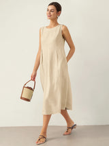 100% Linen Sleeveless Shoulder Button Midi Dress FREYA