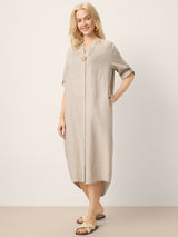 100% Linen Stand Collar V-Slit Tab Sleeve Maxi Dress LEORA