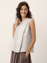 100% Linen Striped Diagonal Pleat Mock Neck Top ESTHER