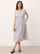 100% Linen Striped Tailored Cap Sleeve Maxi Dress AGNES