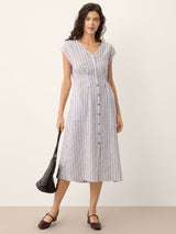 100% Linen Striped Tailored Cap Sleeve Maxi Dress AGNES