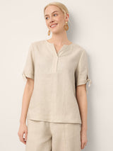 100% Linen Tie Cuff Notched V-Neck Top LORAN