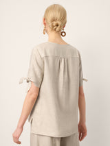 100% Linen Tie Cuff Notched V-Neck Top LORAN