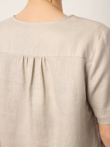 100% Linen Tie Cuff Notched V-Neck Top LORAN