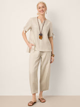 100% Linen Tie Cuff Notched V-Neck Top LORAN