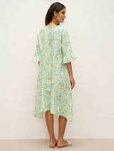 100% Linen A-Line Ruffled Collar Tie-Neck Midi Dress LIVIA