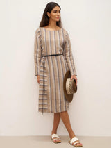 100% Linen Striped Crossweave Midi Dress ELSPETH