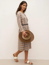 100% Linen Striped Crossweave Midi Dress ELSPETH
