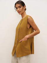 100% Linen Arc-Placket Button-Front Vest ELFRIDA