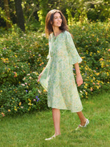 100% Linen A-Line Ruffled Collar Tie-Neck Midi Dress LIVIA