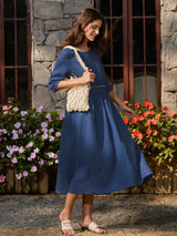 100% Linen Petal-Waist Drawstring Midi Dress JASMINE