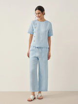 100% Linen Short-Sleeve Round Neck Button Detail Top & Pants Set JOSIE