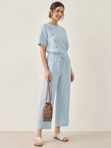 100% Linen Short-Sleeve Round Neck Button Detail Top & Pants Set JOSIE