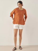 100% Linen Round Neck Artistic Stripe Top FLORENCE